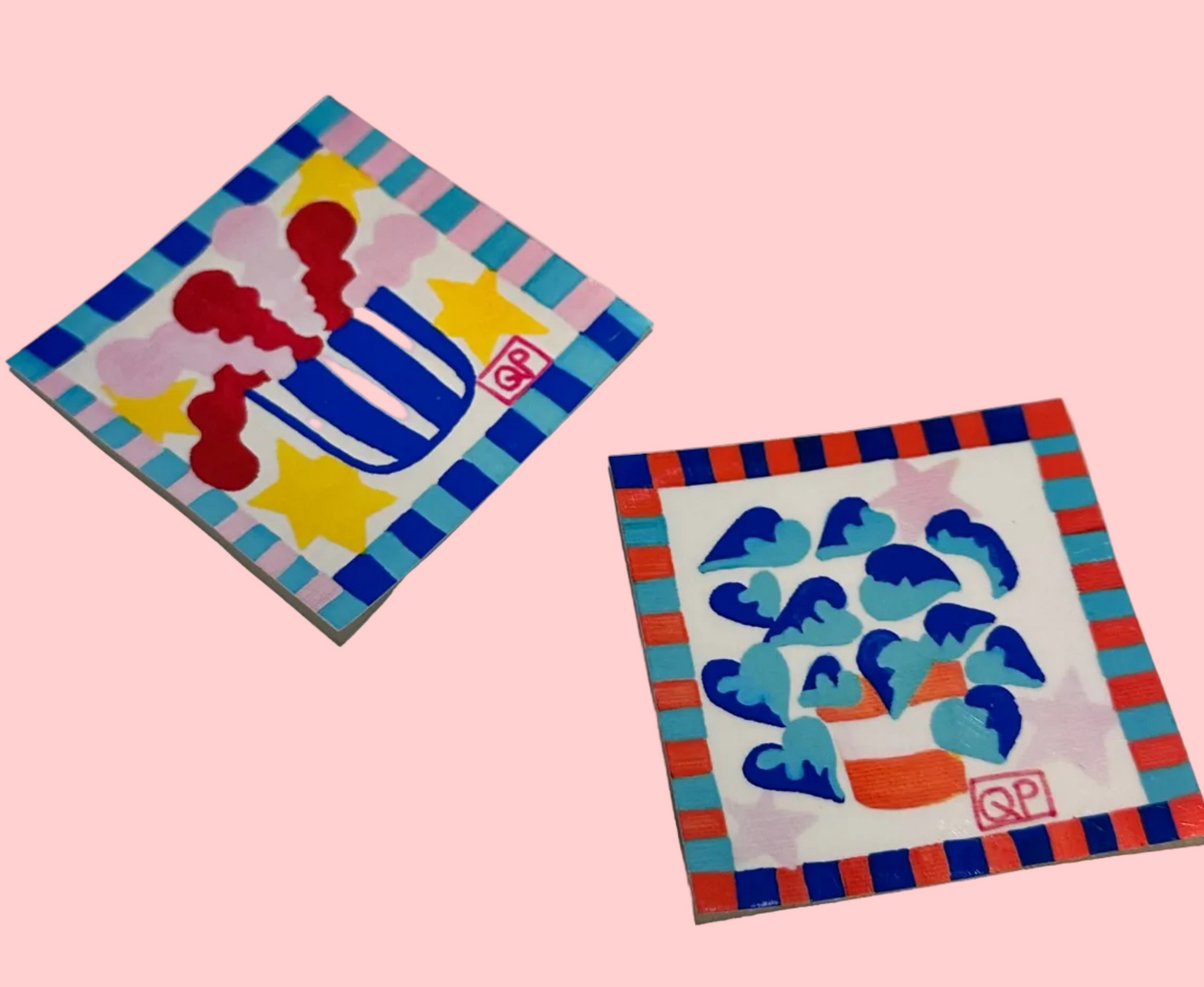 Two colorful square stickers with  two types of illustrated colourful house plants in a pot  on a light surface.